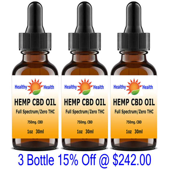 bottle of hemp cbd oil 750mg with zero thc 3 bottle special gets 15% off